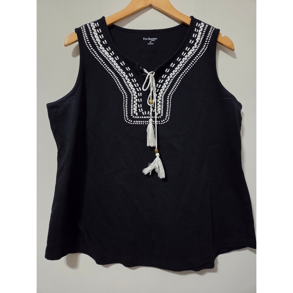 Kim Rogers Curvy Womens 1X Black Cotton Embroidered Tassel Sleeveless Top Tank